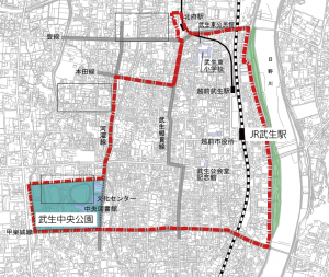 越前市の中心市街地区域（赤枠内）と武生中央公園の位置（越前市資料に一部加筆）