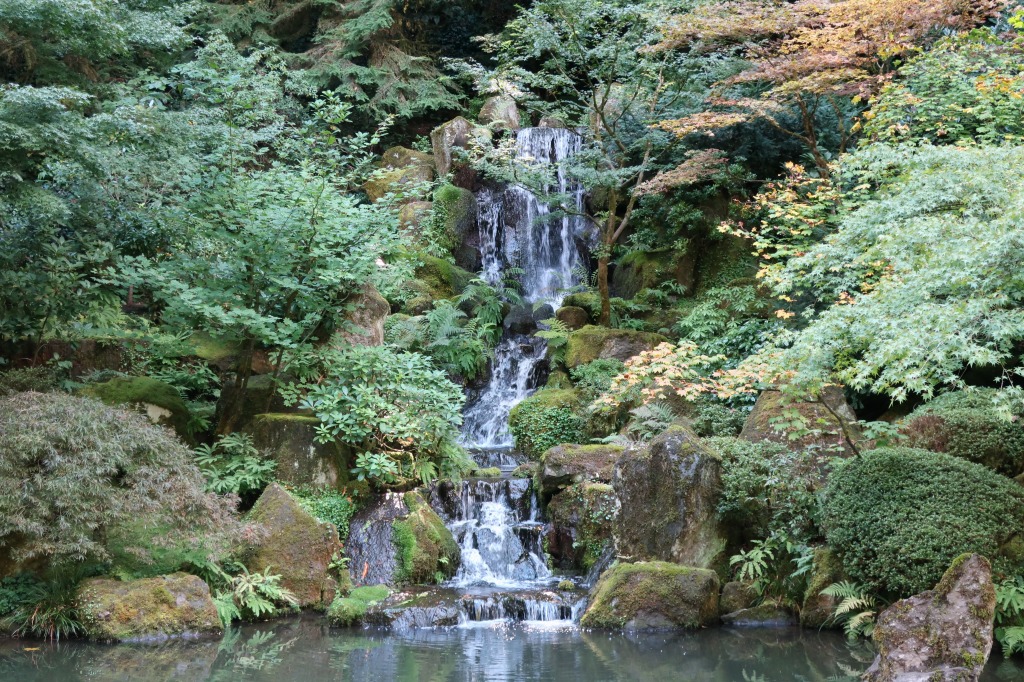 段々に流れ落ちるこの滝は、本庭園の人気のフォトスポット