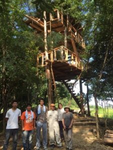 2016年8月に完成したツリーハウス。右から3番目が桒原さん
