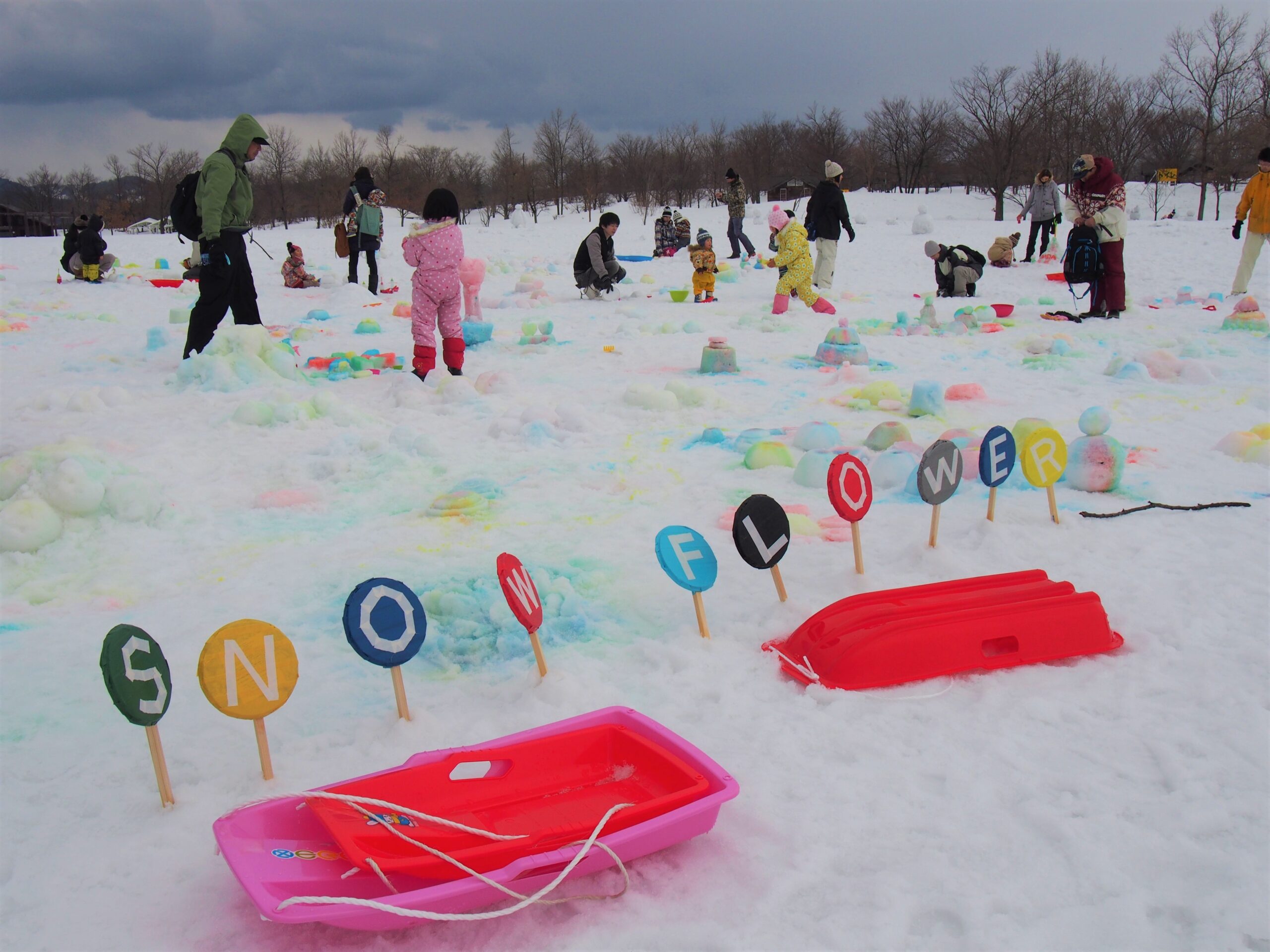 2015年　国営越後丘陵公園にて開催したスノーフラワープロジェクト。　食紅で雪アートを楽しむ子どもたち。