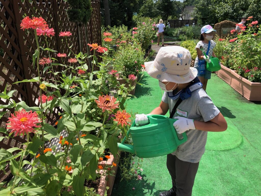 夏休みに行う「１日仕事体験」で<br/>水撒きをする子どもたち