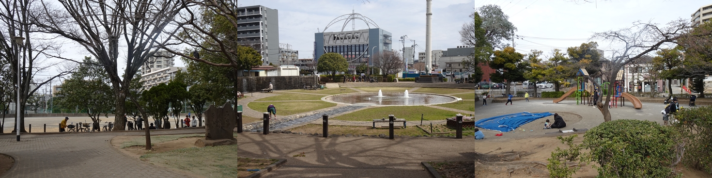 天沼弁天池公園では、ボール遊びできる広場(写真左)と園内の他エリア(写真中央/右)が園路と樹木で区切られ、公園の利用目的に応じて使い分けられていた