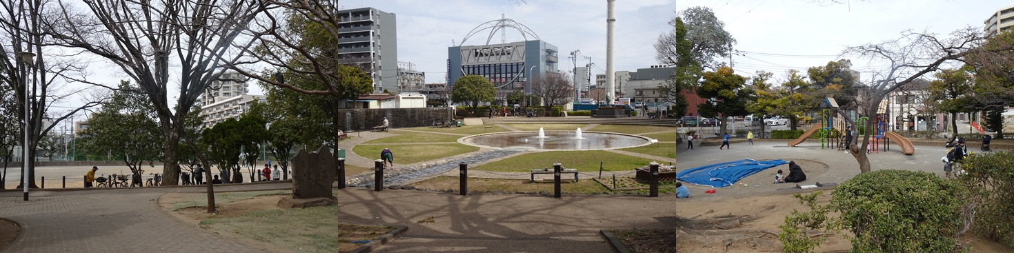 天沼弁天池公園では、ボール遊びできる広場（写真左）と園内の他エリア（写真中央／右）が園路と樹木で区切られ、公園の利用目的に応じて使い分けられていた