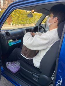 膝にも足下にもハト