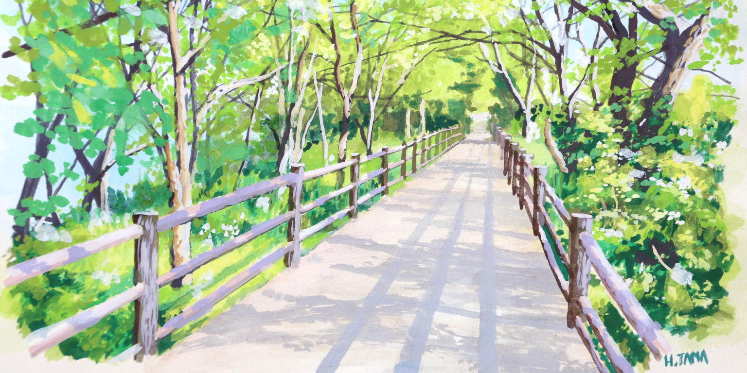 アクリル画：棚澤寛「元荒川右岸川辺緑地（部分）」