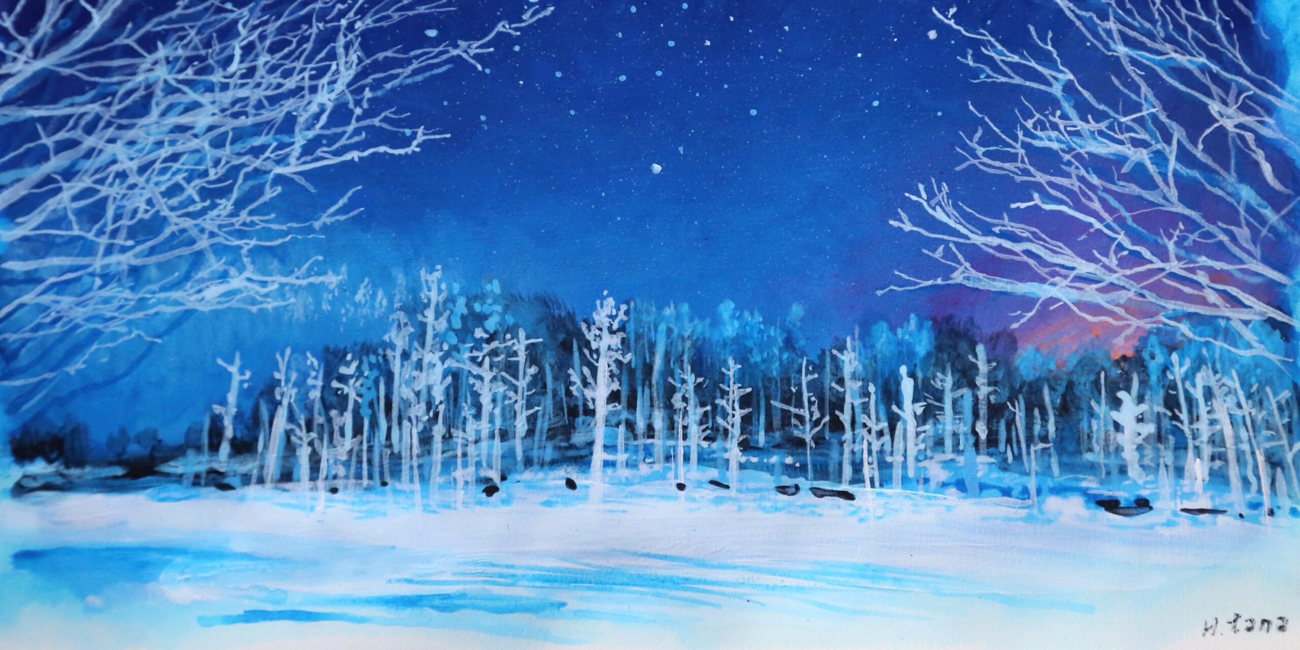 アクリル画：棚澤寛「白金青い池（北海道美瑛町）（部分）」