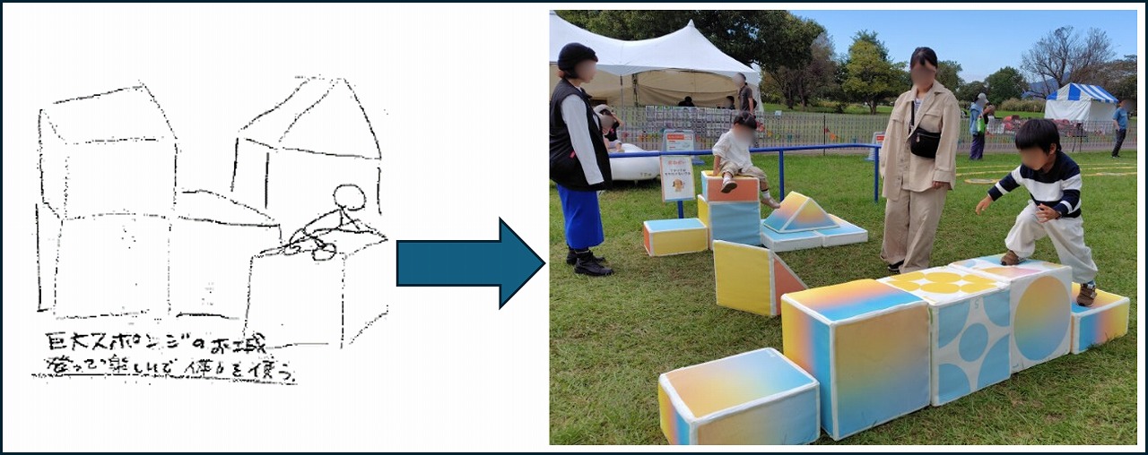 受賞者の「巨大スポンジのお城」のアイデアから新規開発された「巨大ブロック」
